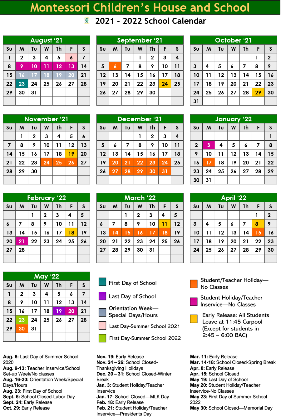 Mchs Calendar 2022 Calendar - Montessori Children's House And School - Dallas, Tx